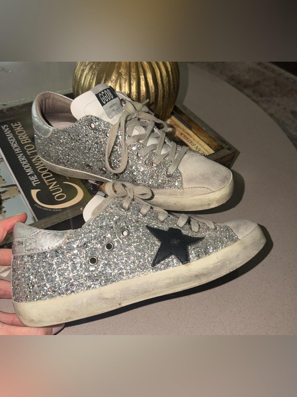 Golden Goose Silver Glitter Low-Top Sneakers with Black Star